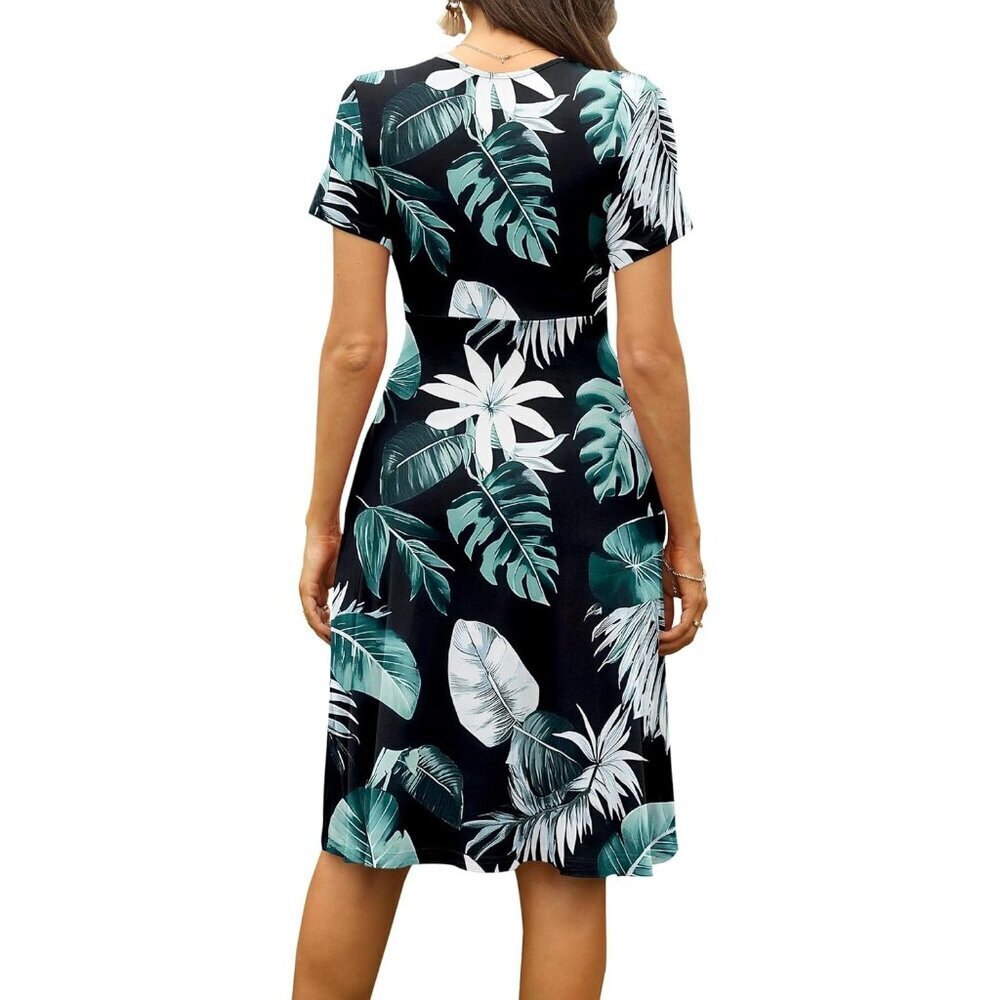 WomenGrbananaleaves Short Sleeve V-Neck Floral Stretchy Party Dress with Pockets - Picture 5 of 5